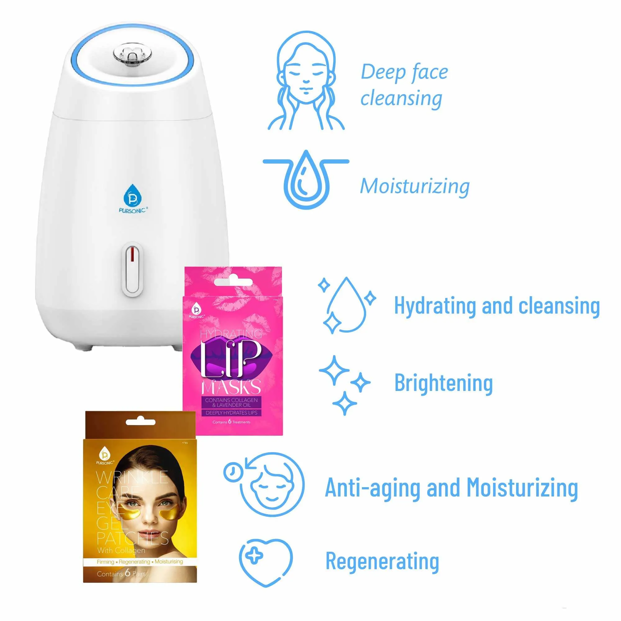 Pursonic Facial Steamer & Skincare Set: 6 Eye Masks Lip Masks Pimple Patches