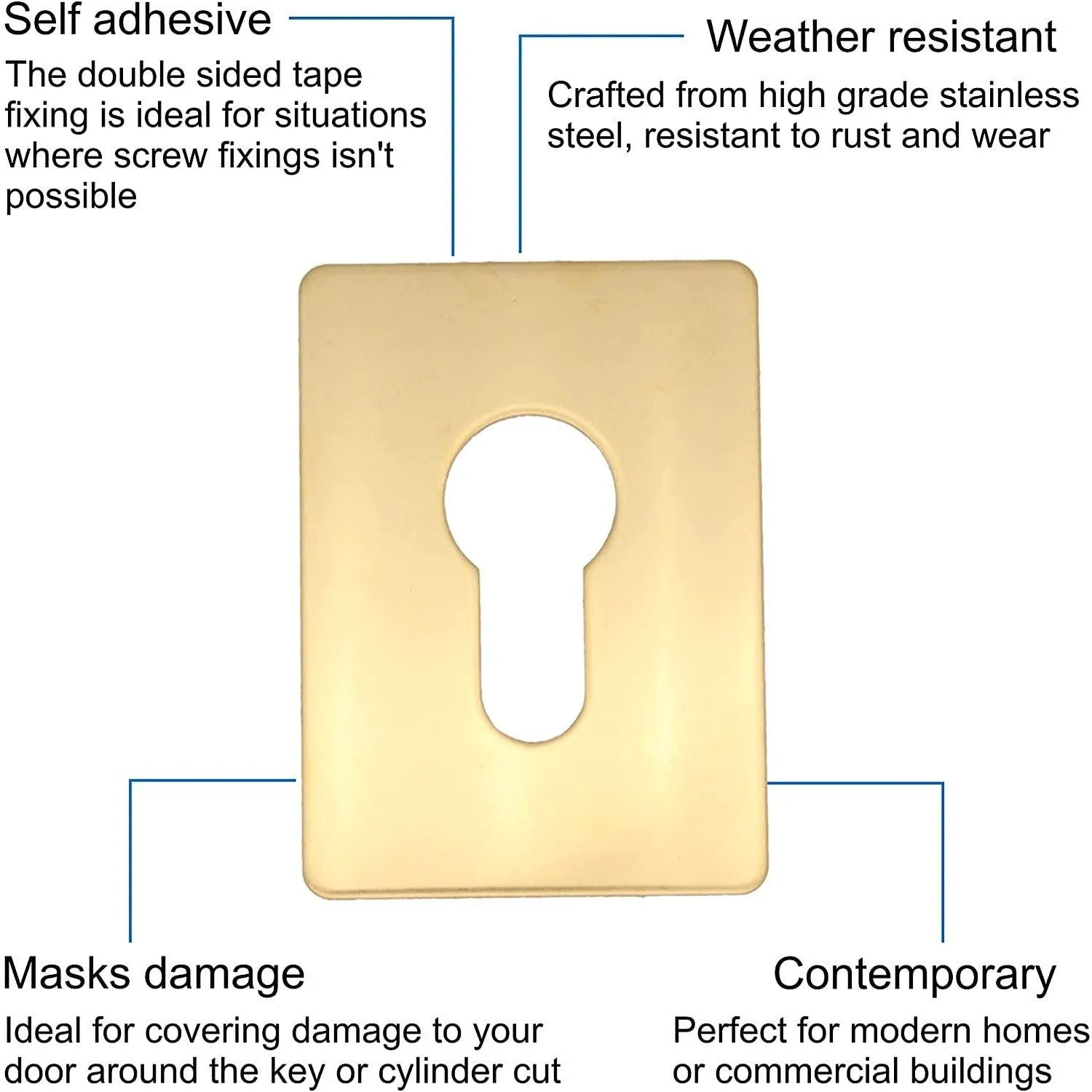 Repair Escutcheon Key Hole Cover Plate Euro Profile Self Adhesive Fix - Polished Brass - 65 x 47mm