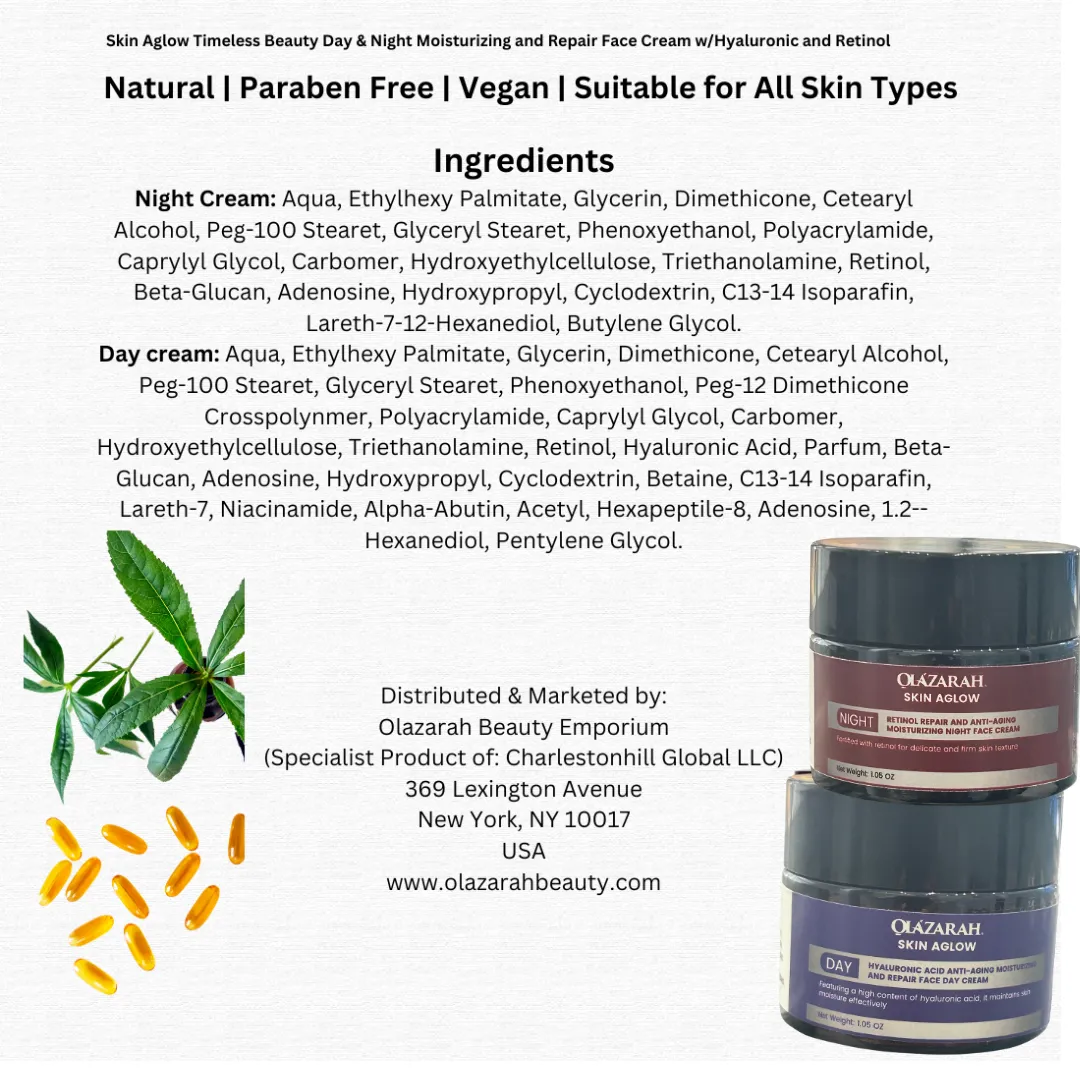 Skin Aglow Timeless Beauty Day & Night Moisturizing and Repair Face Cream w/Hyaluronic and Retinol, 2 pcs, 2 oz