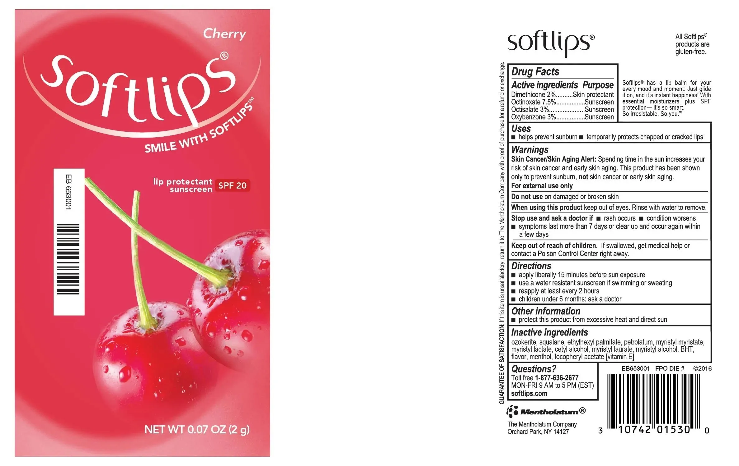 Softlips Lip Protectant Sunscreen Lip Balm - SPF 20 - Cherry - 2g Tube