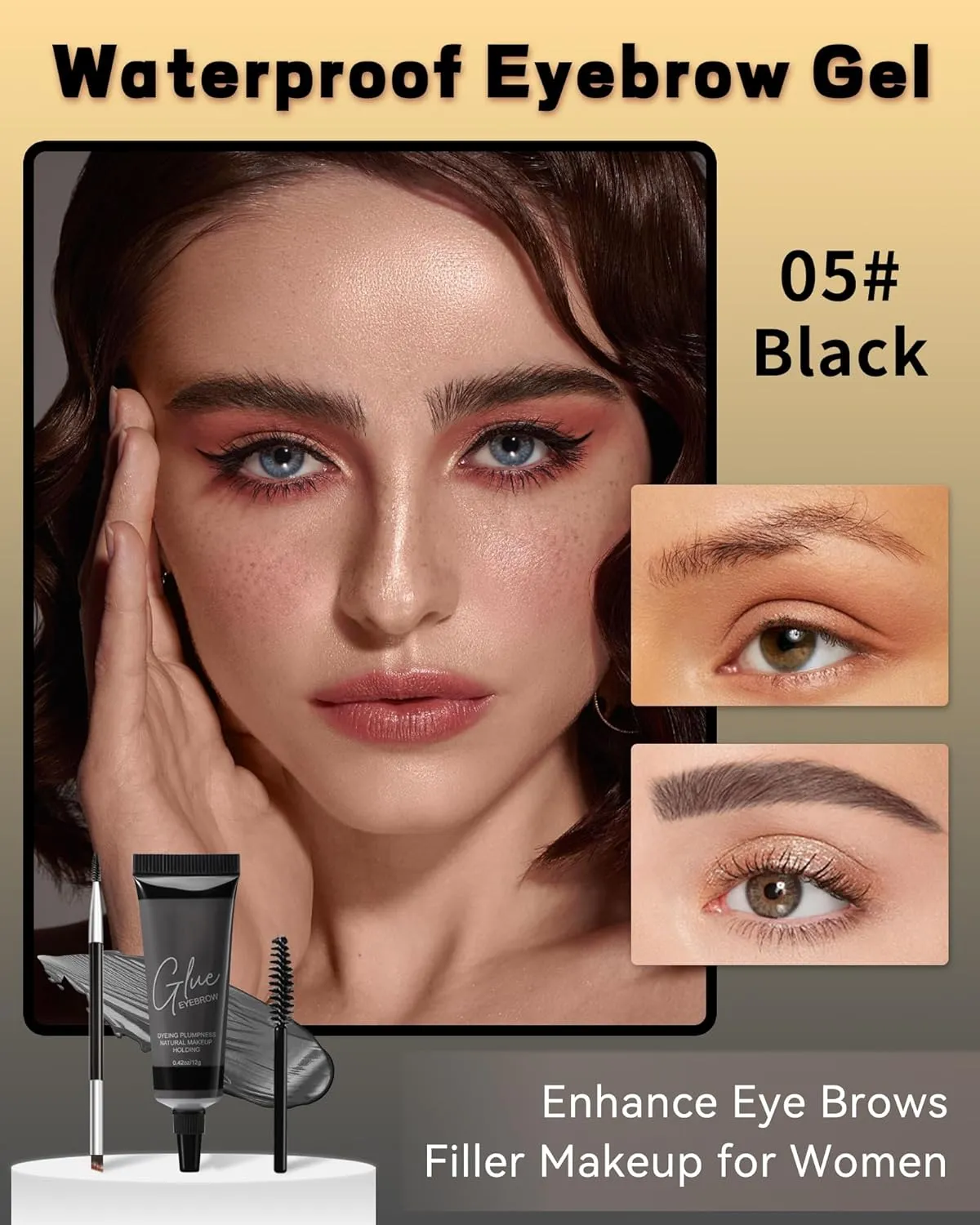 Waterproof Eyebrow Gel Black, Sweat-Proof Longwear Strong Hold Tinted Brow Gel, Vegan, Cruelty-Free, Brow Glue Mascara for Eyebrows with Eyebrow Brush, Sculpting Eye Brows Filler Makeup for Women-05