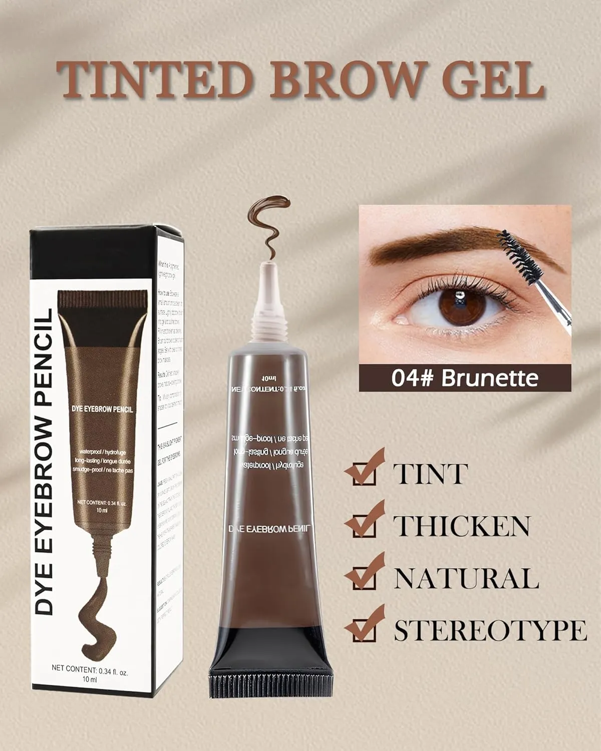 Waterproof Tinted Brow Gel, Brunttte Tinted Thickening Brow Mascara, Brow Fast Sculpt, Long Lasting Transfer-Proof, Eyebrow Gel Tint with Brow Brush & Razor, Fill in Eyebrows and Cover Gray Hair-B04#